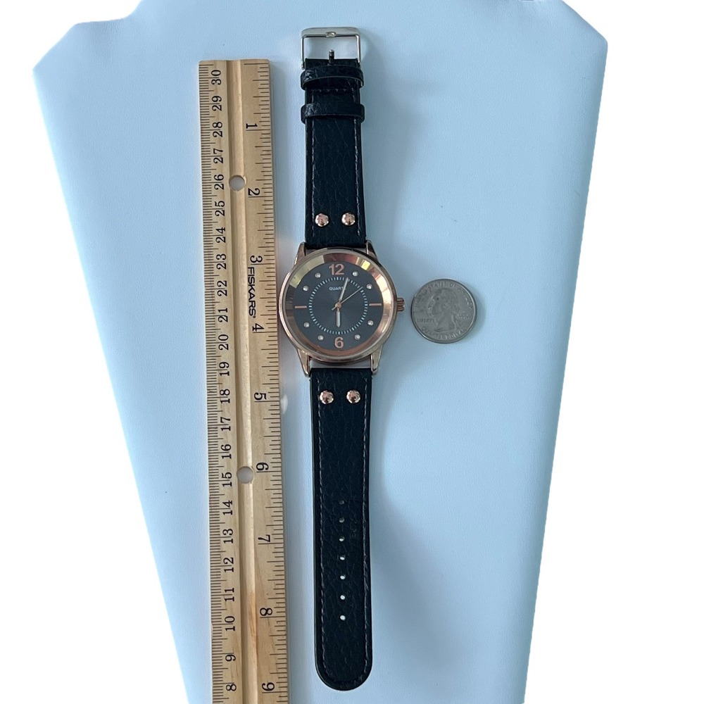 Quartz Watch Rhinestone‎ Accent Markers Black Band Rose Gold Tone Bezel - Picture 4 of 14